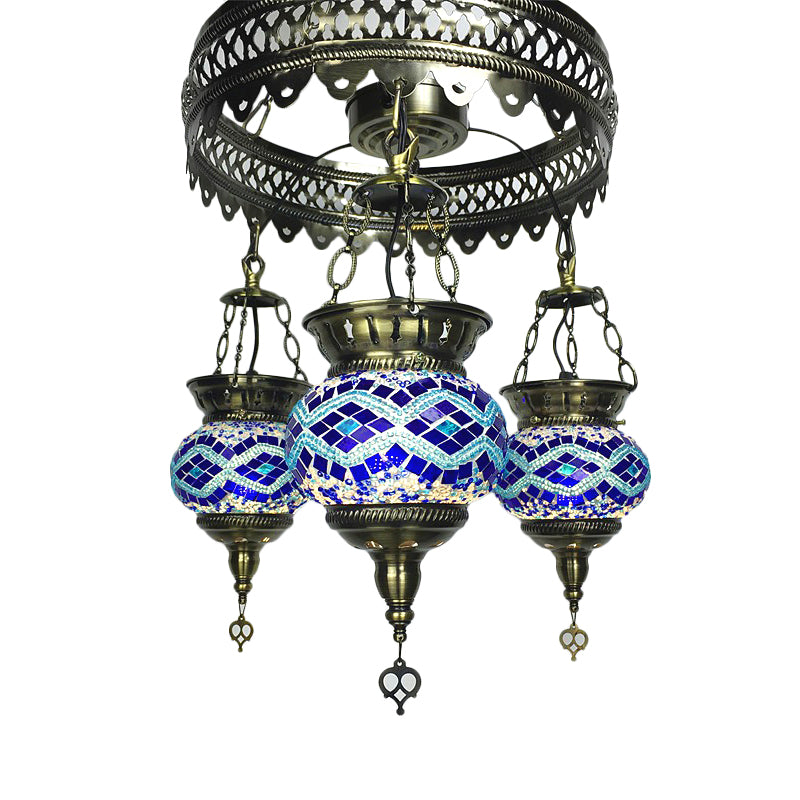 Stained Art Glass Oval Chandelier Lighting Traditional 3 Heads Bedroom Ceiling Chandelier in Yellow/Orange/Blue Blue Clearhalo 'Ceiling Lights' 'Chandeliers' 'Glass shade' 'Glass' Lighting' 391882