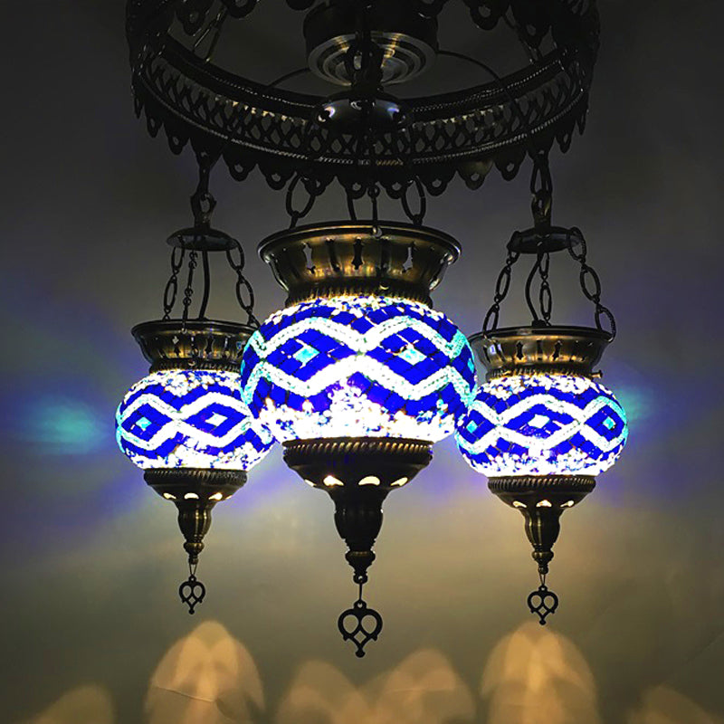 Stained Art Glass Oval Chandelier Lighting Traditional 3 Heads Bedroom Ceiling Chandelier in Yellow/Orange/Blue Clearhalo 'Ceiling Lights' 'Chandeliers' 'Glass shade' 'Glass' Lighting' 391883