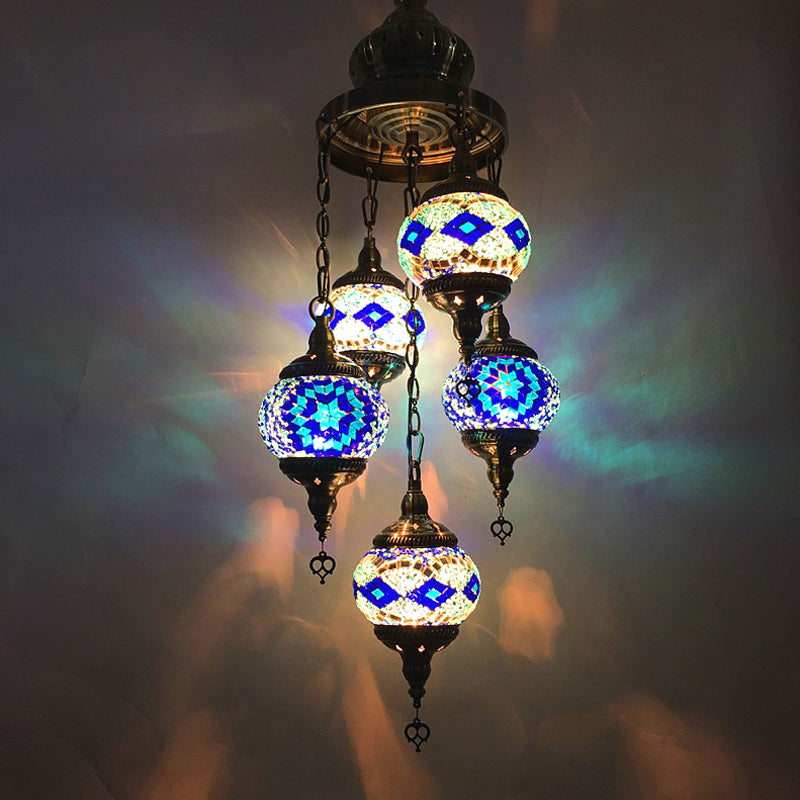 5 Heads Cut Glass Chandelier Pendant Light Traditional Red/Orange/Blue Oval Living Room Hanging Light Kit Blue Clearhalo 'Ceiling Lights' 'Chandeliers' 'Glass shade' 'Glass' Lighting' 391888