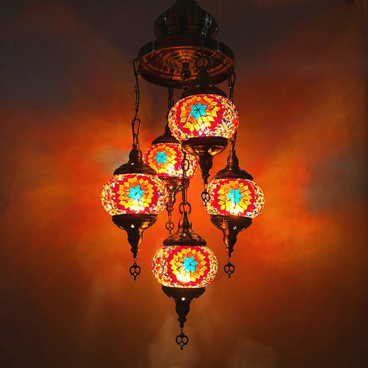 5 Heads Cut Glass Chandelier Pendant Light Traditional Red/Orange/Blue Oval Living Room Hanging Light Kit Orange Clearhalo 'Ceiling Lights' 'Chandeliers' 'Glass shade' 'Glass' Lighting' 391889