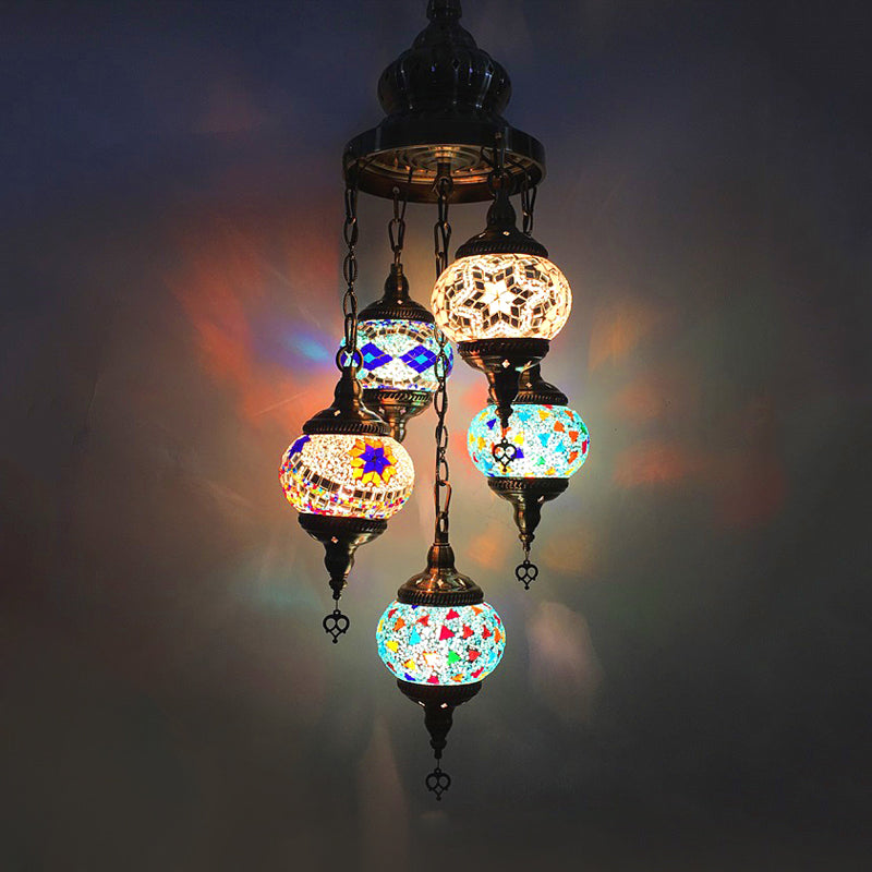 Oval Living Room Chandelier Lighting Traditional Stained Glass 5 Heads White/Orange/Blue Hanging Ceiling Light White Clearhalo 'Ceiling Lights' 'Chandeliers' 'Glass shade' 'Glass' 'Pendant Lights' Lighting' 391891
