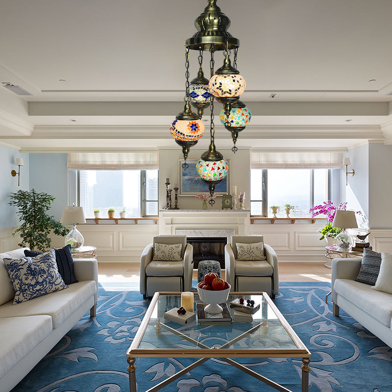 Oval Living Room Chandelier Lighting Traditional Stained Glass 5 Heads White/Orange/Blue Hanging Ceiling Light Clearhalo 'Ceiling Lights' 'Chandeliers' 'Glass shade' 'Glass' 'Pendant Lights' Lighting' 391893