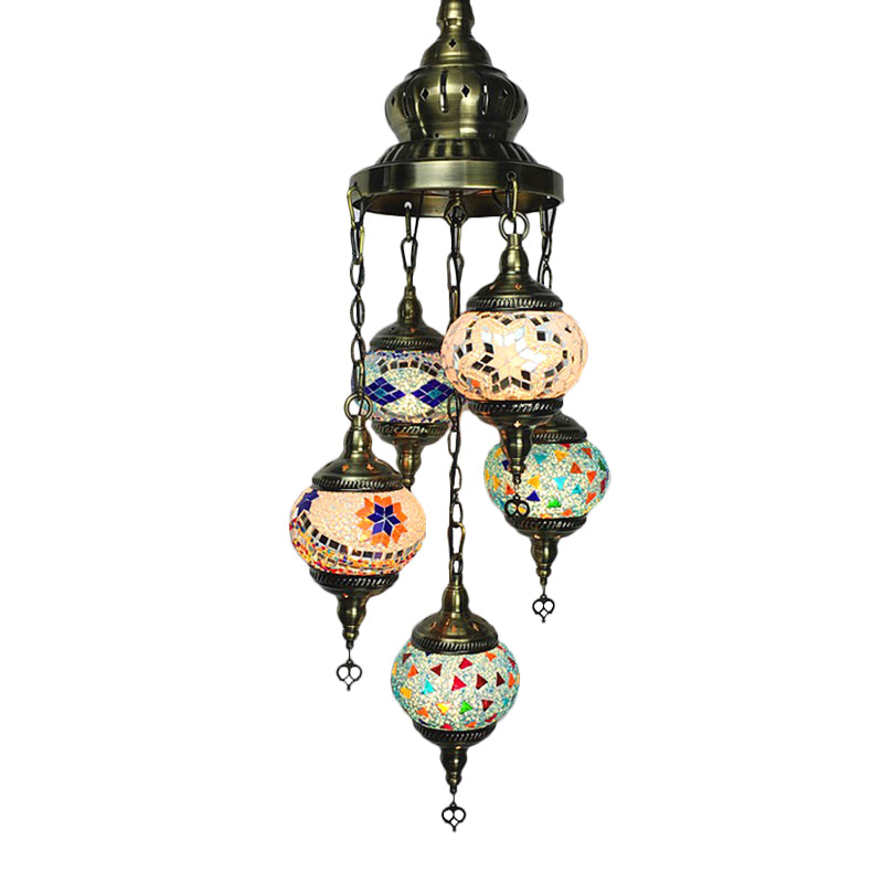 Oval Living Room Chandelier Lighting Traditional Stained Glass 5 Heads White/Orange/Blue Hanging Ceiling Light Clearhalo 'Ceiling Lights' 'Chandeliers' 'Glass shade' 'Glass' 'Pendant Lights' Lighting' 391894