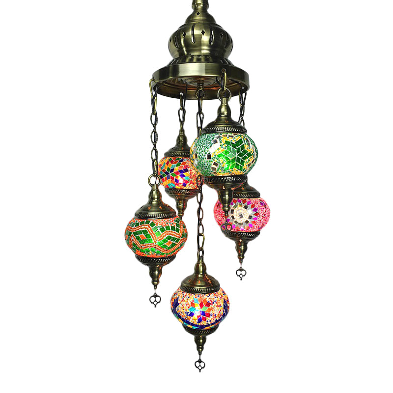 Oval Living Room Chandelier Lighting Traditional Stained Glass 5 Heads White/Orange/Blue Hanging Ceiling Light Green Clearhalo 'Ceiling Lights' 'Chandeliers' 'Glass shade' 'Glass' 'Pendant Lights' Lighting' 391898