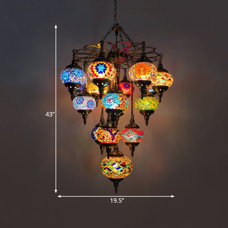 Yellow Oval Pendant Chandelier Vintage Stained Glass 16 Heads Living Room Hanging Light Kit Clearhalo 'Ceiling Lights' 'Chandeliers' 'Glass shade' 'Glass' Lighting' 391914
