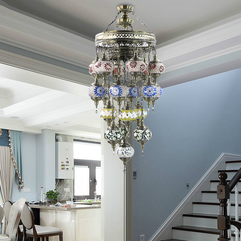 Oval Stained Art Glass Ceiling Chandelier Traditional 19 Heads Stairway Hanging Pendant Light in Blue Blue Clearhalo 'Ceiling Lights' 'Chandeliers' 'Glass shade' 'Glass' Lighting' 391915