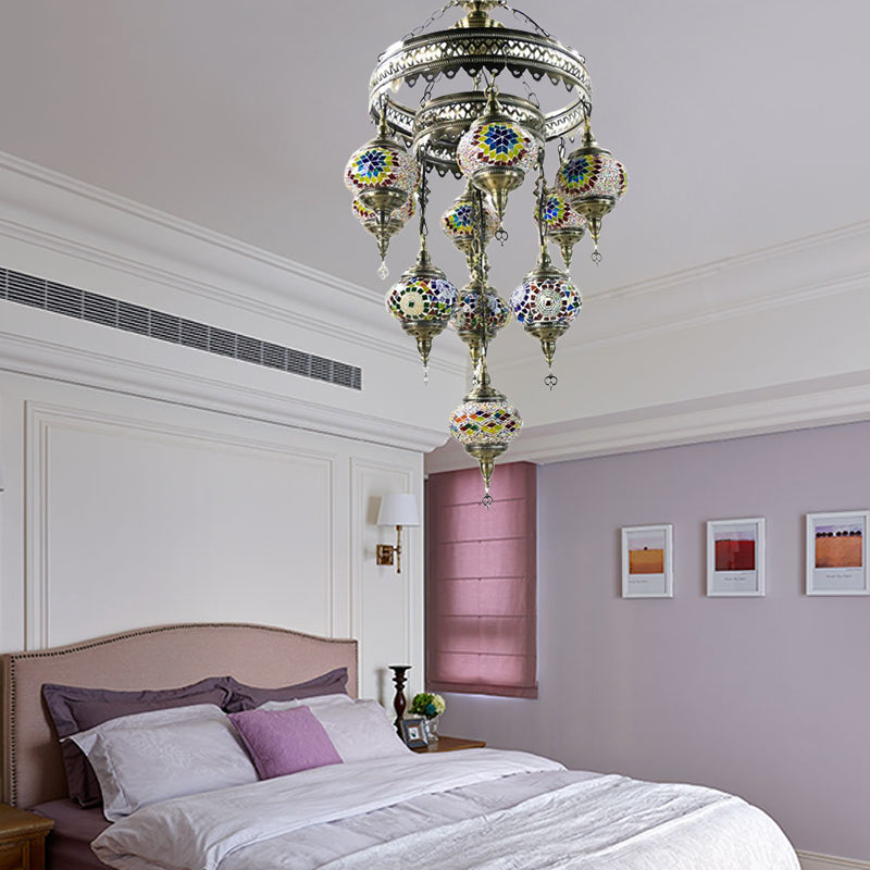 10 Heads Oval Hanging Light Fixture Traditional Red/Pink/Yellow Multicolored Stained Glass Chandelier Lamp Clearhalo 'Ceiling Lights' 'Chandeliers' 'Glass shade' 'Glass' Lighting' 391921