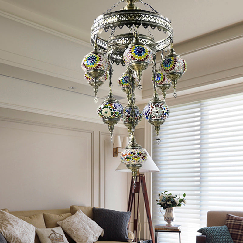 10 Heads Oval Hanging Light Fixture Traditional Red/Pink/Yellow Multicolored Stained Glass Chandelier Lamp Clearhalo 'Ceiling Lights' 'Chandeliers' 'Glass shade' 'Glass' Lighting' 391922