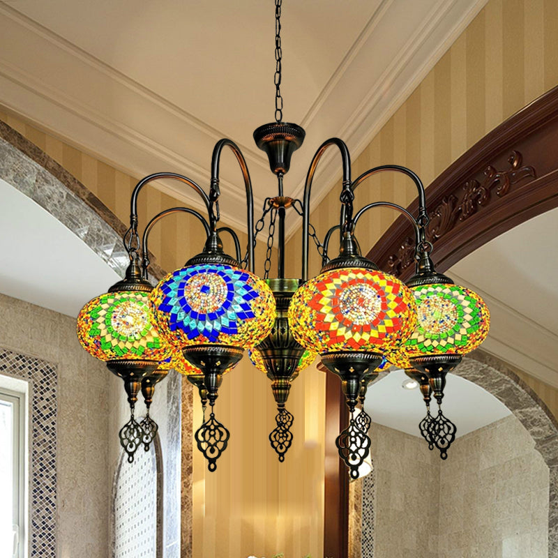 9 Heads Oval Ceiling Pendant Light Vintage Yellow/Green Hand Cut Glass Chandelier Lighting Clearhalo 'Ceiling Lights' 'Chandeliers' 'Glass shade' 'Glass' Lighting' 391956