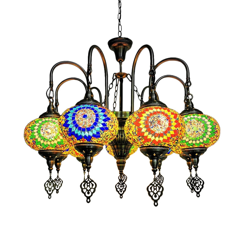 9 Heads Oval Ceiling Pendant Light Vintage Yellow/Green Hand Cut Glass Chandelier Lighting Clearhalo 'Ceiling Lights' 'Chandeliers' 'Glass shade' 'Glass' Lighting' 391957