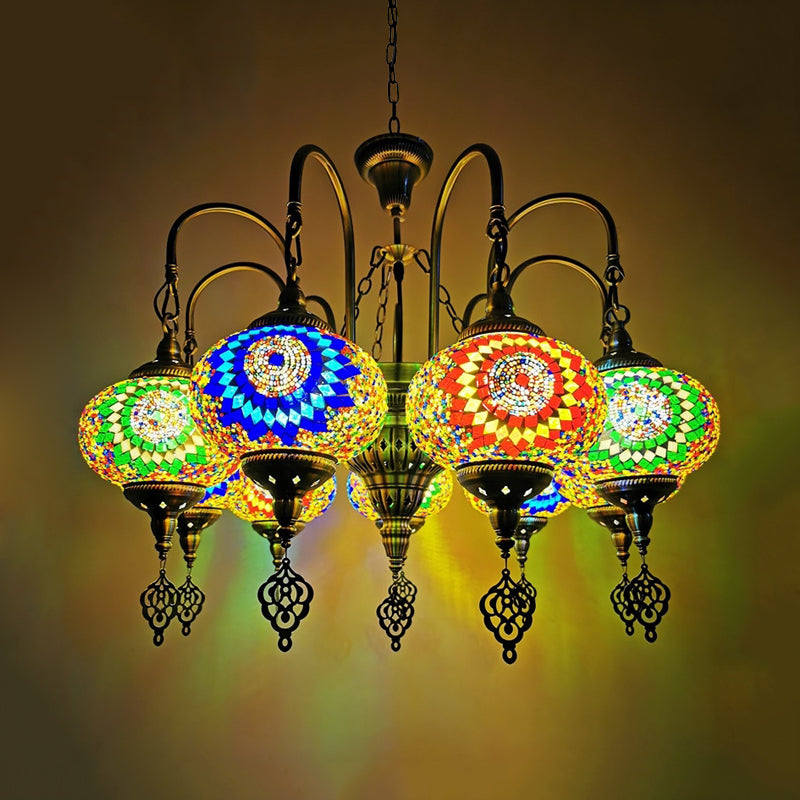 9 Heads Oval Ceiling Pendant Light Vintage Yellow/Green Hand Cut Glass Chandelier Lighting Clearhalo 'Ceiling Lights' 'Chandeliers' 'Glass shade' 'Glass' Lighting' 391958