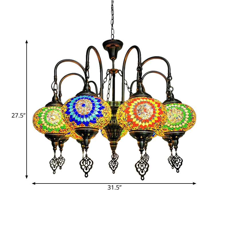 9 Heads Oval Ceiling Pendant Light Vintage Yellow/Green Hand Cut Glass Chandelier Lighting Clearhalo 'Ceiling Lights' 'Chandeliers' 'Glass shade' 'Glass' Lighting' 391959