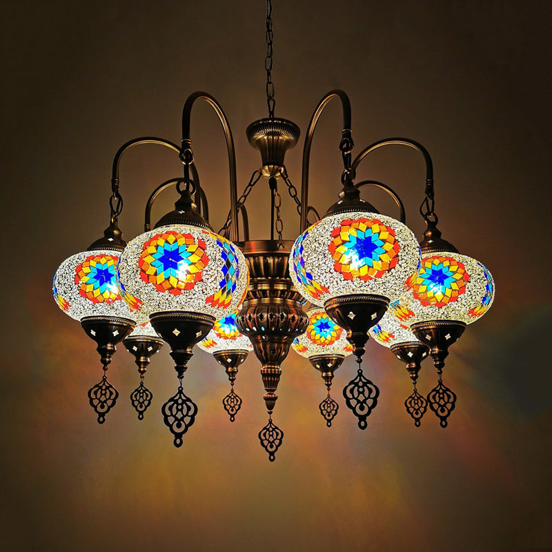 White/Yellow/Gold Oval Pendant Light Vintage Handcrafted Art Glass 9 Heads Bedroom Chandelier Lighting White Clearhalo 'Ceiling Lights' 'Chandeliers' 'Glass shade' 'Glass' Lighting' 391964