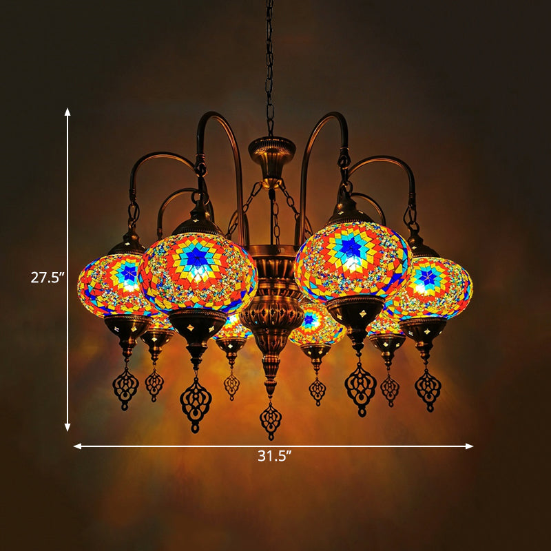 White/Yellow/Gold Oval Pendant Light Vintage Handcrafted Art Glass 9 Heads Bedroom Chandelier Lighting Clearhalo 'Ceiling Lights' 'Chandeliers' 'Glass shade' 'Glass' Lighting' 391966