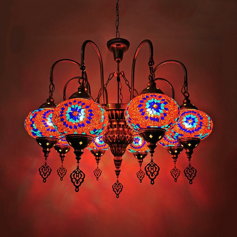 White/Yellow/Gold Oval Pendant Light Vintage Handcrafted Art Glass 9 Heads Bedroom Chandelier Lighting Rose Red Clearhalo 'Ceiling Lights' 'Chandeliers' 'Glass shade' 'Glass' Lighting' 391968