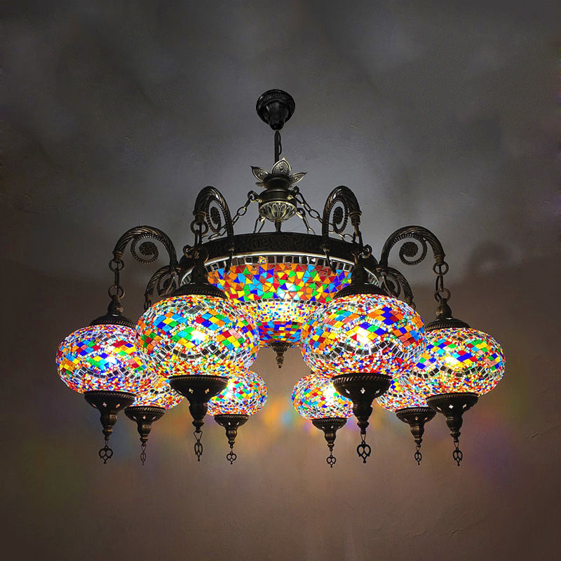 Hand Cut Glass Bronze Ceiling Lamp Oval 9 Heads Traditional Chandelier Light Fixture Bronze Clearhalo 'Ceiling Lights' 'Chandeliers' 'Glass shade' 'Glass' 'Pendant Lights' Lighting' 391970