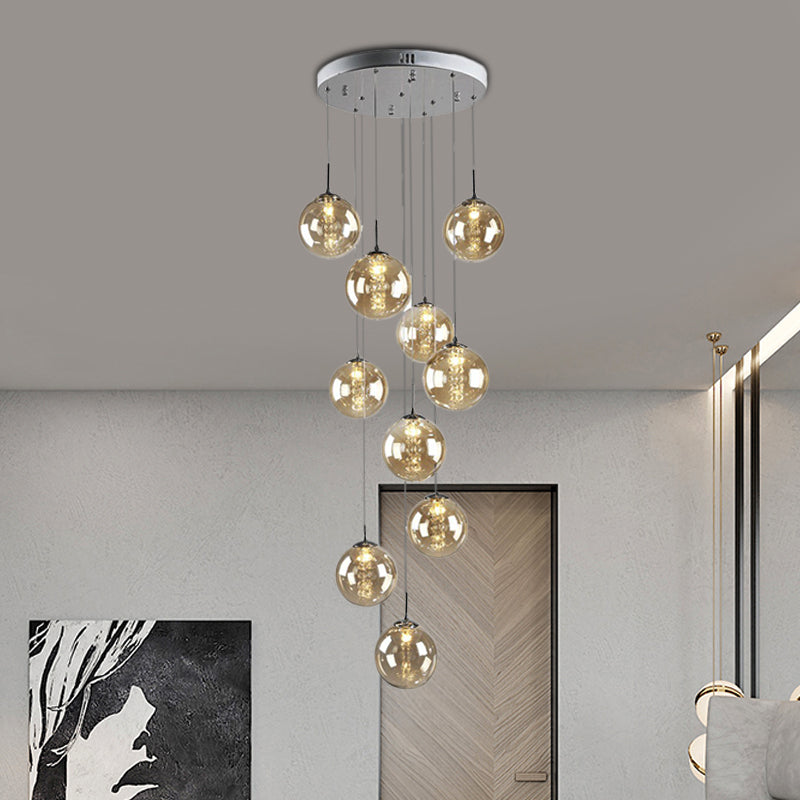 Amber Glass Globe Hanging Lighting Modern 10 Bulbs Living Room Cluster Pendant Lamp Clearhalo 'Ceiling Lights' 'Glass shade' 'Glass' 'Modern Pendants' 'Modern' 'Pendant Lights' 'Pendants' Lighting' 391984