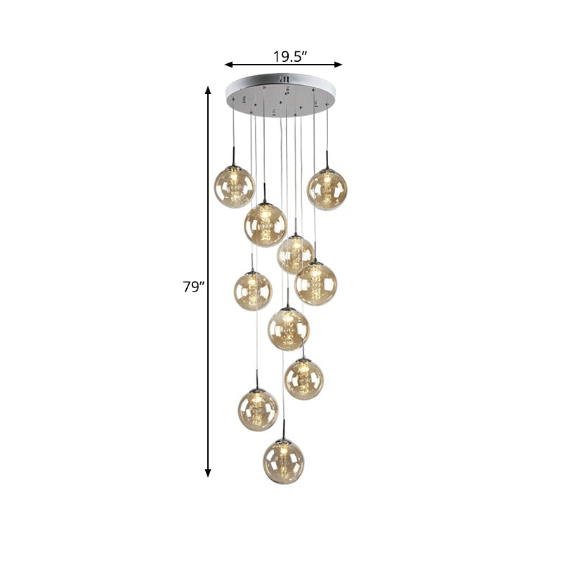 Amber Glass Globe Hanging Lighting Modern 10 Bulbs Living Room Cluster Pendant Lamp Clearhalo 'Ceiling Lights' 'Glass shade' 'Glass' 'Modern Pendants' 'Modern' 'Pendant Lights' 'Pendants' Lighting' 391986