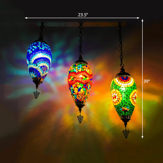Stained Glass Waterdrop Cluster Pendant Traditional 3 Heads Bedroom Hanging Ceiling Light in Blue/Green/Red and Blue Clearhalo 'Ceiling Lights' 'Glass shade' 'Glass' 'Pendant Lights' 'Pendants' Lighting' 391989