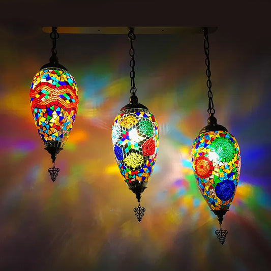Stained Glass Waterdrop Cluster Pendant Traditional 3 Heads Bedroom Hanging Ceiling Light in Blue/Green/Red and Blue Green Clearhalo 'Ceiling Lights' 'Glass shade' 'Glass' 'Pendant Lights' 'Pendants' Lighting' 391992