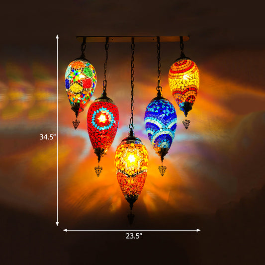 Waterdrop Bedroom Multi Light Pendant Vintage Stained Glass 5 Heads Red/Yellow/Orange Ceiling Lamp Clearhalo 'Ceiling Lights' 'Glass shade' 'Glass' 'Pendant Lights' 'Pendants' Lighting' 391996