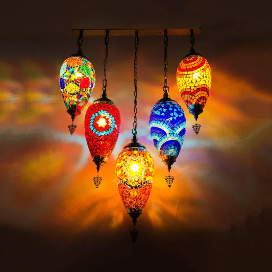 Waterdrop Bedroom Multi Light Pendant Vintage Stained Glass 5 Heads Red/Yellow/Orange Ceiling Lamp Orange Clearhalo 'Ceiling Lights' 'Glass shade' 'Glass' 'Pendant Lights' 'Pendants' Lighting' 391997