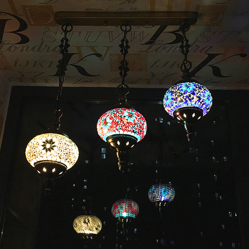 3 Heads Stained Art Glass Suspension Lamp Vintage Red/Yellow/Green Oval Bedroom Cluster Pendant Clearhalo 'Ceiling Lights' 'Glass shade' 'Glass' 'Pendant Lights' 'Pendants' Lighting' 392008