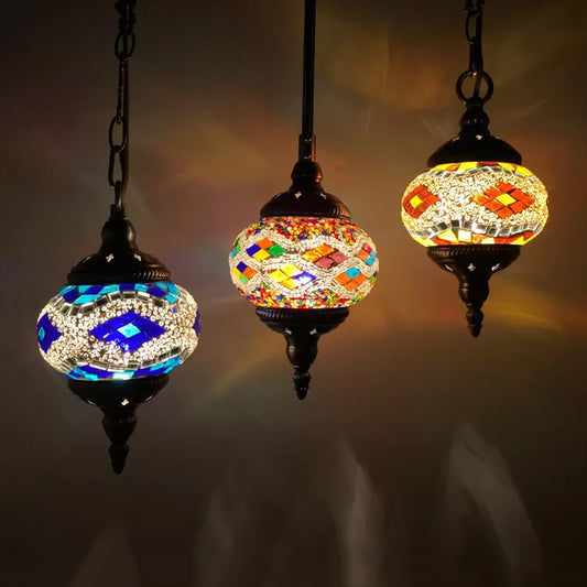 3 Heads Stained Art Glass Suspension Lamp Vintage Red/Yellow/Green Oval Bedroom Cluster Pendant Yellow Clearhalo 'Ceiling Lights' 'Glass shade' 'Glass' 'Pendant Lights' 'Pendants' Lighting' 392013