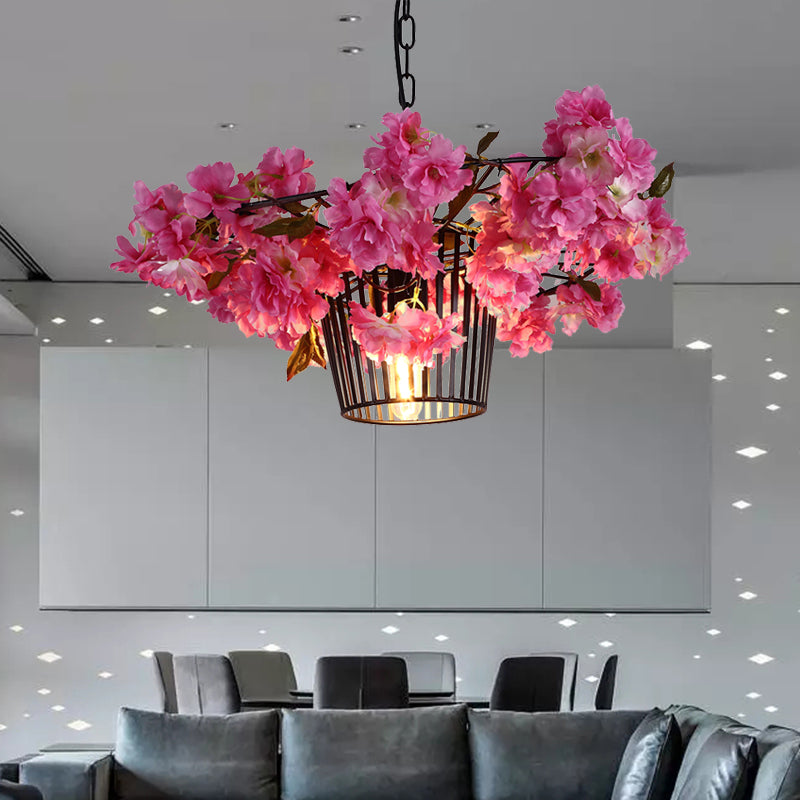 18"/23.5" W 1 Light Suspension Pendant Light Industrial Cage Metal Ceiling Hang Fixture in Black with Cherry Blossom Clearhalo 'Art Deco Pendants' 'Black' 'Cast Iron' 'Ceiling Lights' 'Ceramic' 'Crystal' 'Industrial Pendants' 'Industrial' 'Metal' 'Middle Century Pendants' 'Pendant Lights' 'Pendants' 'Rustic Pendants' 'Tiffany' Lighting' 392146