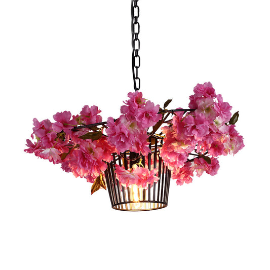 18"/23.5" W 1 Light Suspension Pendant Light Industrial Cage Metal Ceiling Hang Fixture in Black with Cherry Blossom Clearhalo 'Art Deco Pendants' 'Black' 'Cast Iron' 'Ceiling Lights' 'Ceramic' 'Crystal' 'Industrial Pendants' 'Industrial' 'Metal' 'Middle Century Pendants' 'Pendant Lights' 'Pendants' 'Rustic Pendants' 'Tiffany' Lighting' 392147