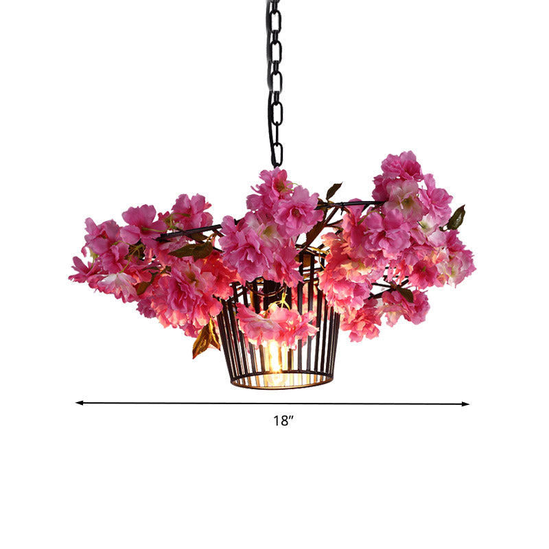 18"/23.5" W 1 Light Suspension Pendant Light Industrial Cage Metal Ceiling Hang Fixture in Black with Cherry Blossom Clearhalo 'Art Deco Pendants' 'Black' 'Cast Iron' 'Ceiling Lights' 'Ceramic' 'Crystal' 'Industrial Pendants' 'Industrial' 'Metal' 'Middle Century Pendants' 'Pendant Lights' 'Pendants' 'Rustic Pendants' 'Tiffany' Lighting' 392149