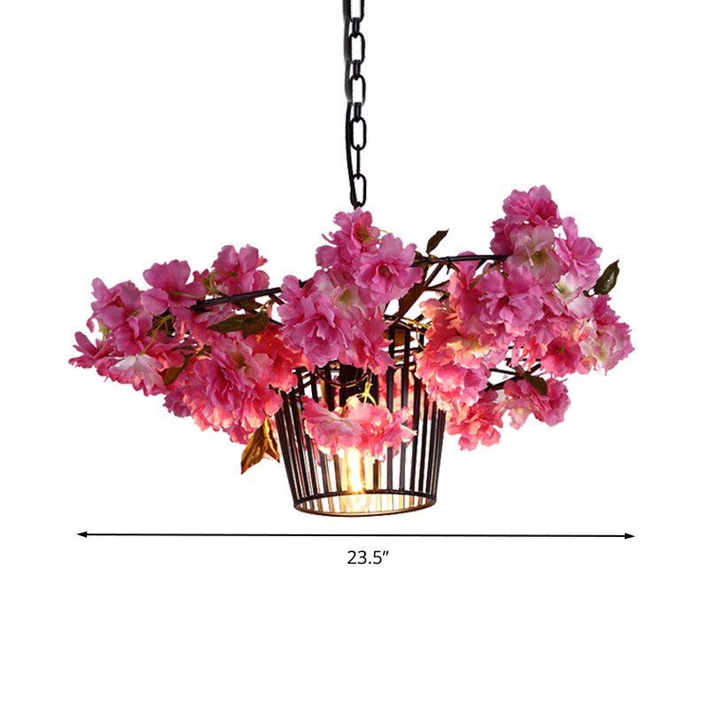 18"/23.5" W 1 Light Suspension Pendant Light Industrial Cage Metal Ceiling Hang Fixture in Black with Cherry Blossom Clearhalo 'Art Deco Pendants' 'Black' 'Cast Iron' 'Ceiling Lights' 'Ceramic' 'Crystal' 'Industrial Pendants' 'Industrial' 'Metal' 'Middle Century Pendants' 'Pendant Lights' 'Pendants' 'Rustic Pendants' 'Tiffany' Lighting' 392150