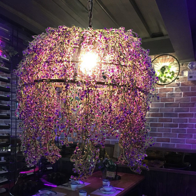 Metal Dome Drop Lamp Vintage 1 Light Restaurant LED Pendant Lighting in Purple with Flower Decoration Clearhalo 'Art Deco Pendants' 'Cast Iron' 'Ceiling Lights' 'Ceramic' 'Crystal' 'Industrial Pendants' 'Industrial' 'Metal' 'Middle Century Pendants' 'Pendant Lights' 'Pendants' 'Tiffany' Lighting' 392222