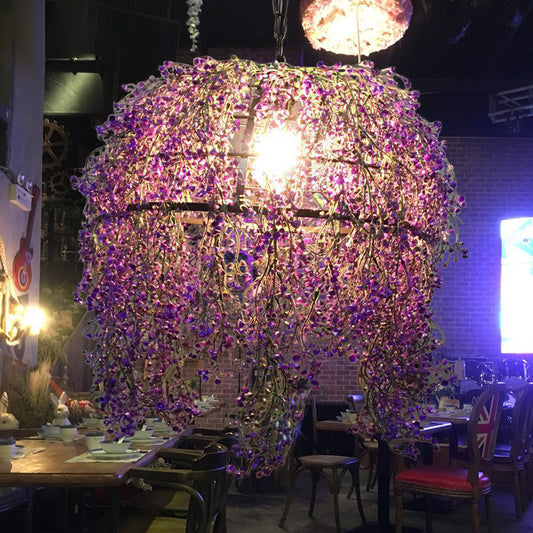 Metal Dome Drop Lamp Vintage 1 Light Restaurant LED Pendant Lighting in Purple with Flower Decoration Clearhalo 'Art Deco Pendants' 'Cast Iron' 'Ceiling Lights' 'Ceramic' 'Crystal' 'Industrial Pendants' 'Industrial' 'Metal' 'Middle Century Pendants' 'Pendant Lights' 'Pendants' 'Tiffany' Lighting' 392223