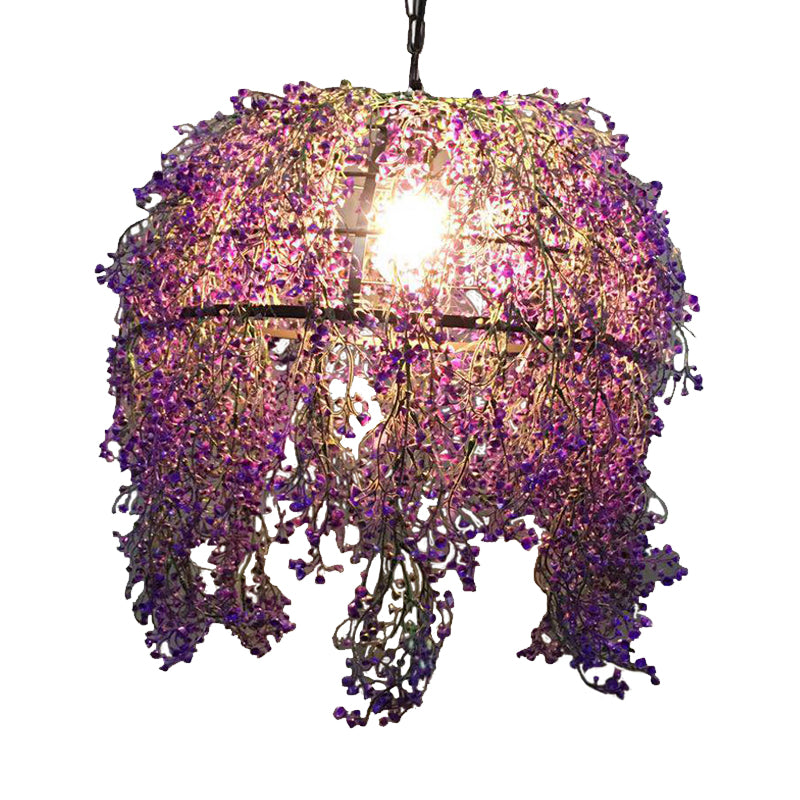 Metal Dome Drop Lamp Vintage 1 Light Restaurant LED Pendant Lighting in Purple with Flower Decoration Clearhalo 'Art Deco Pendants' 'Cast Iron' 'Ceiling Lights' 'Ceramic' 'Crystal' 'Industrial Pendants' 'Industrial' 'Metal' 'Middle Century Pendants' 'Pendant Lights' 'Pendants' 'Tiffany' Lighting' 392224
