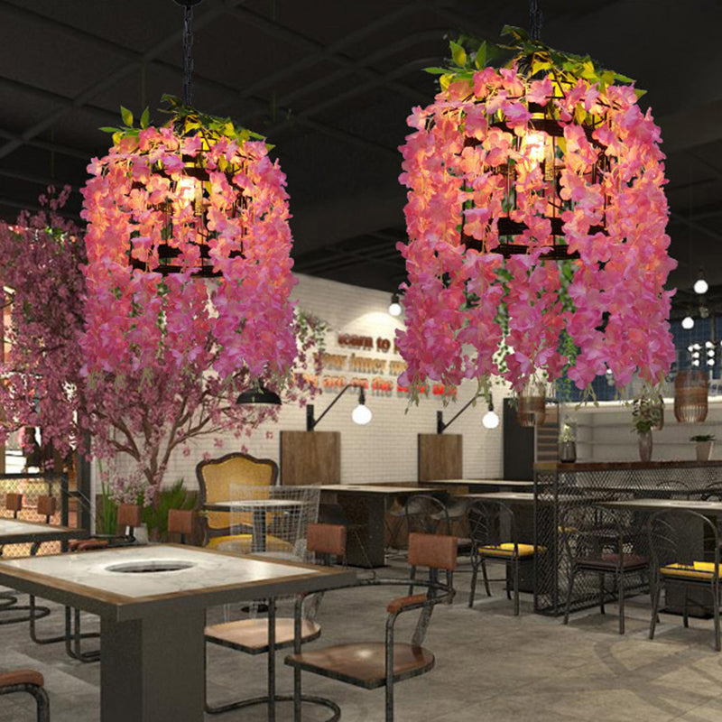 Vintage Drum Drop Pendant 1 Light Metal LED Flower Hanging Light Kit in Pink/Purple for Restaurant Clearhalo 'Art Deco Pendants' 'Cast Iron' 'Ceiling Lights' 'Ceramic' 'Crystal' 'Industrial Pendants' 'Industrial' 'Metal' 'Middle Century Pendants' 'Pendant Lights' 'Pendants' 'Tiffany' Lighting' 392232