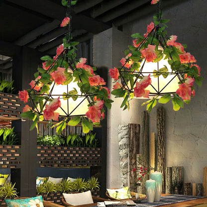 Pink/Light Pink 1 Head Pendant Lamp Industrial Metal Diamond LED Hanging Ceiling Light with Rose Decoration, 18"/23.5" W Pink Clearhalo 'Art Deco Pendants' 'Cast Iron' 'Ceiling Lights' 'Ceramic' 'Crystal' 'Industrial Pendants' 'Industrial' 'Metal' 'Middle Century Pendants' 'Pendant Lights' 'Pendants' 'Tiffany' Lighting' 392271