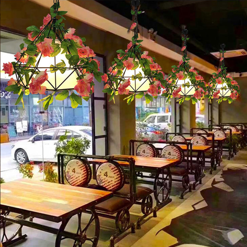 Pink/Light Pink 1 Head Pendant Lamp Industrial Metal Diamond LED Hanging Ceiling Light with Rose Decoration, 18"/23.5" W Clearhalo 'Art Deco Pendants' 'Cast Iron' 'Ceiling Lights' 'Ceramic' 'Crystal' 'Industrial Pendants' 'Industrial' 'Metal' 'Middle Century Pendants' 'Pendant Lights' 'Pendants' 'Tiffany' Lighting' 392272