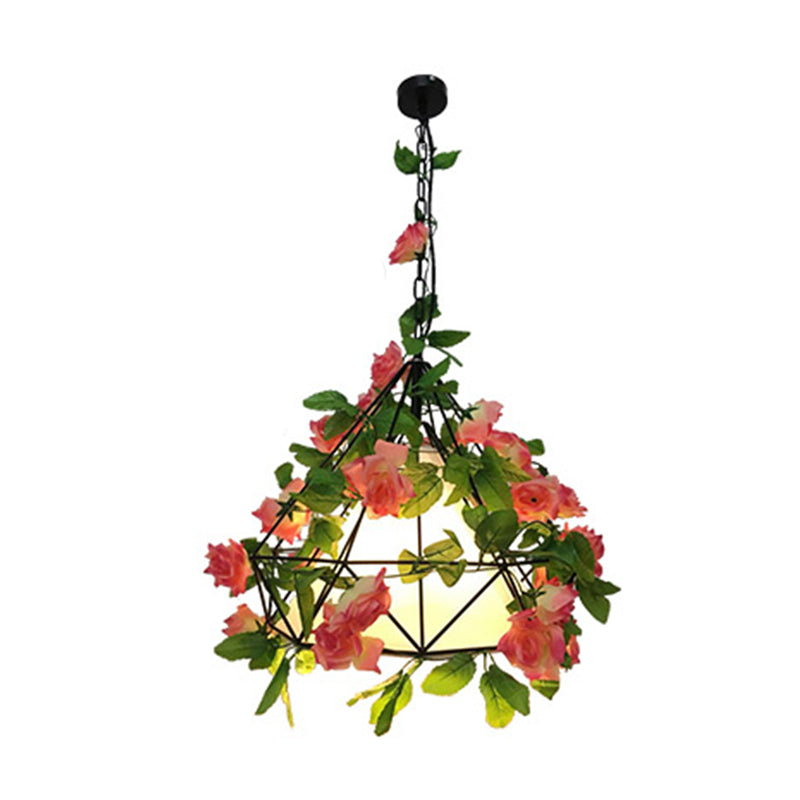 Pink/Light Pink 1 Head Pendant Lamp Industrial Metal Diamond LED Hanging Ceiling Light with Rose Decoration, 18"/23.5" W Clearhalo 'Art Deco Pendants' 'Cast Iron' 'Ceiling Lights' 'Ceramic' 'Crystal' 'Industrial Pendants' 'Industrial' 'Metal' 'Middle Century Pendants' 'Pendant Lights' 'Pendants' 'Tiffany' Lighting' 392273