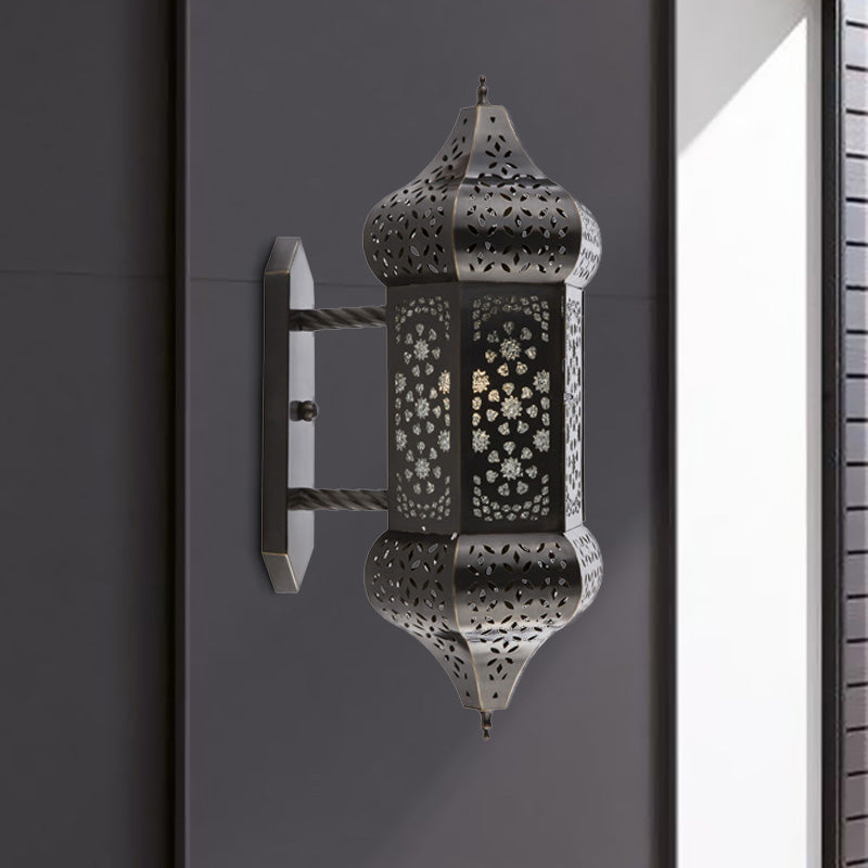 Arab Lantern Wall Sconce Lighting 1 Light Metallic Wall Mount Lamp in Black for Outdoor Black Clearhalo 'Wall Lamps & Sconces' 'Wall Lights' Lighting' 392293