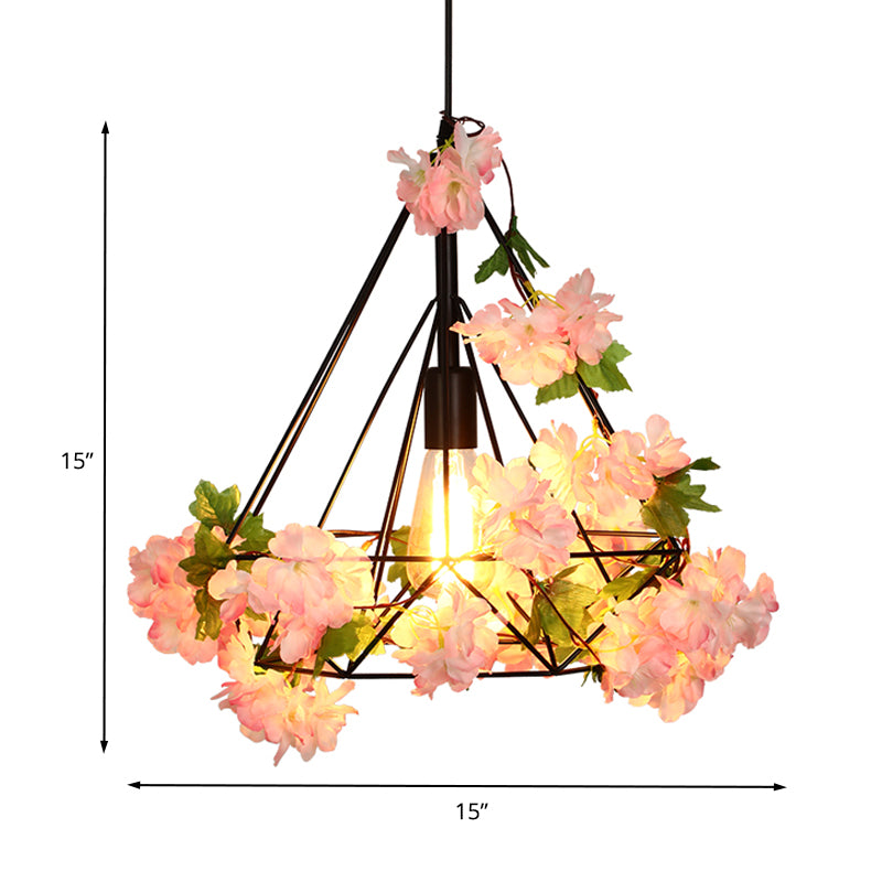 Diamond Metal Suspension Pendant Antique 1 Head Restaurant LED Ceiling Light in Black with Cherry Blossom, 10"/15"/18" W Clearhalo 'Art Deco Pendants' 'Black' 'Cast Iron' 'Ceiling Lights' 'Ceramic' 'Crystal' 'Industrial Pendants' 'Industrial' 'Metal' 'Middle Century Pendants' 'Pendant Lights' 'Pendants' 'Rustic Pendants' 'Tiffany' Lighting' 392342