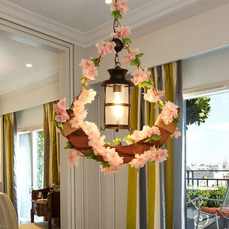 Vintage Lantern Suspension Lamp 1 Head Metal LED Pendant Light in Pink/Green with Plant/Cherry Blossom for Restaurant Clearhalo 'Ceiling Lights' 'Industrial Pendants' 'Industrial' 'Middle Century Pendants' 'Pendant Lights' 'Pendants' 'Tiffany' Lighting' 392449