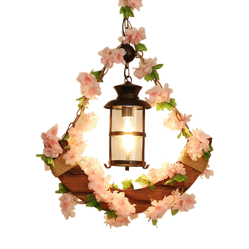 Vintage Lantern Suspension Lamp 1 Head Metal LED Pendant Light in Pink/Green with Plant/Cherry Blossom for Restaurant Clearhalo 'Ceiling Lights' 'Industrial Pendants' 'Industrial' 'Middle Century Pendants' 'Pendant Lights' 'Pendants' 'Tiffany' Lighting' 392450