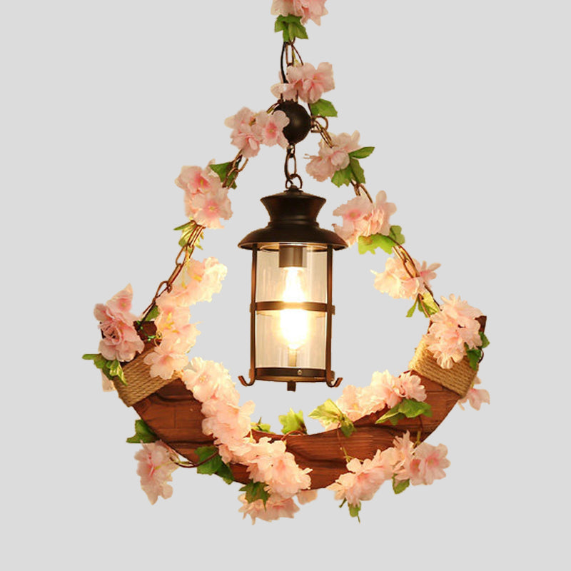 Vintage Lantern Suspension Lamp 1 Head Metal LED Pendant Light in Pink/Green with Plant/Cherry Blossom for Restaurant Clearhalo 'Ceiling Lights' 'Industrial Pendants' 'Industrial' 'Middle Century Pendants' 'Pendant Lights' 'Pendants' 'Tiffany' Lighting' 392451