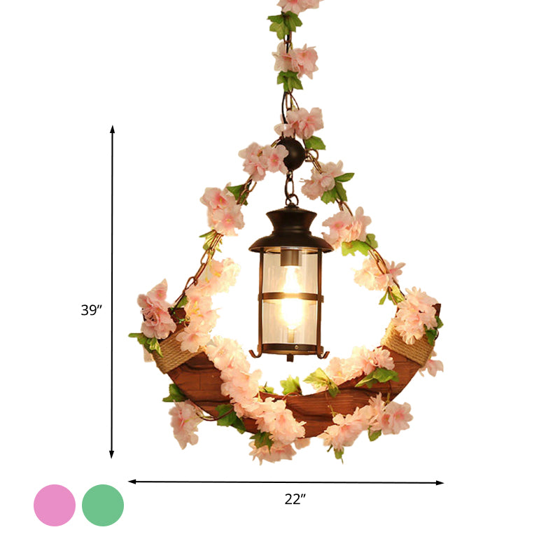 Vintage Lantern Suspension Lamp 1 Head Metal LED Pendant Light in Pink/Green with Plant/Cherry Blossom for Restaurant Clearhalo 'Ceiling Lights' 'Industrial Pendants' 'Industrial' 'Middle Century Pendants' 'Pendant Lights' 'Pendants' 'Tiffany' Lighting' 392452