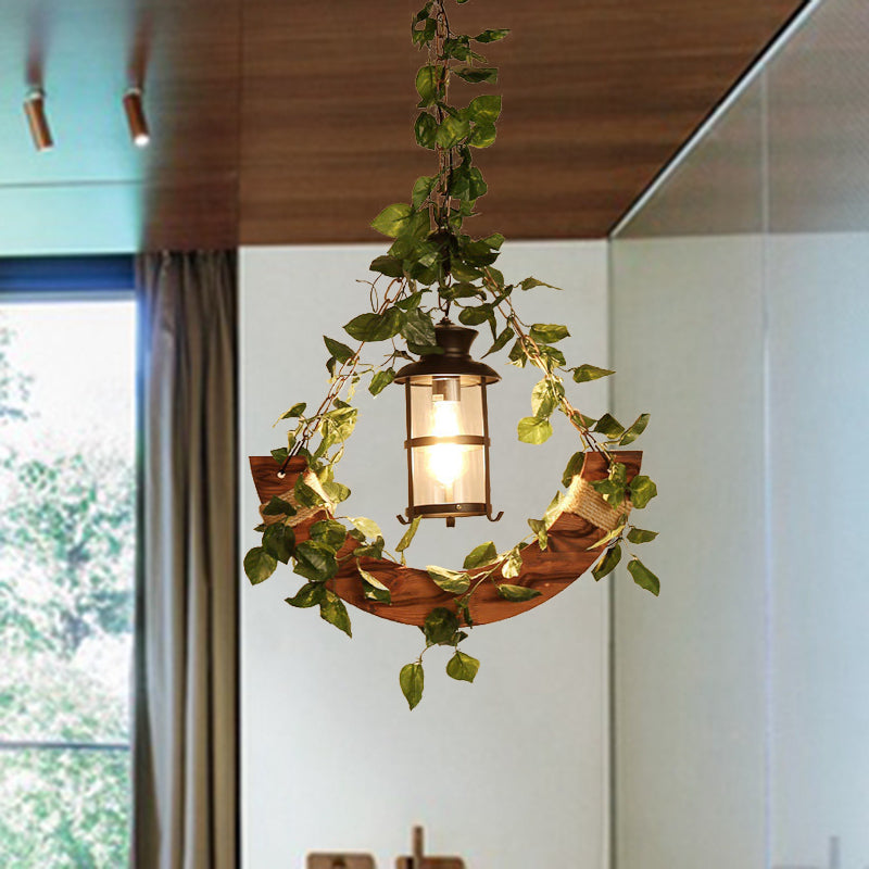 Vintage Lantern Suspension Lamp 1 Head Metal LED Pendant Light in Pink/Green with Plant/Cherry Blossom for Restaurant Clearhalo 'Ceiling Lights' 'Industrial Pendants' 'Industrial' 'Middle Century Pendants' 'Pendant Lights' 'Pendants' 'Tiffany' Lighting' 392454