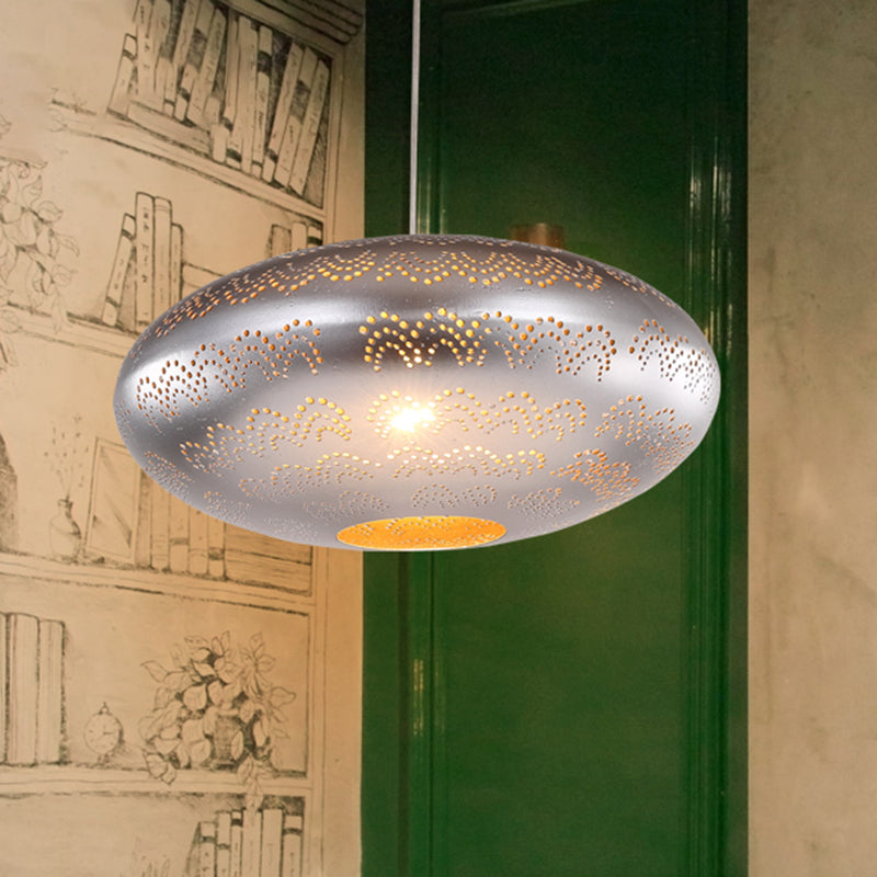 1 Bulb Ceiling Light Fixture Arab Style Oval Metal Suspended Pendant Lamp in Black/Silver/Brass Silver Clearhalo 'Ceiling Lights' 'Pendant Lights' 'Pendants' Lighting' 392555_201615c6-ca6a-4a45-b0c9-e362b5114b9b