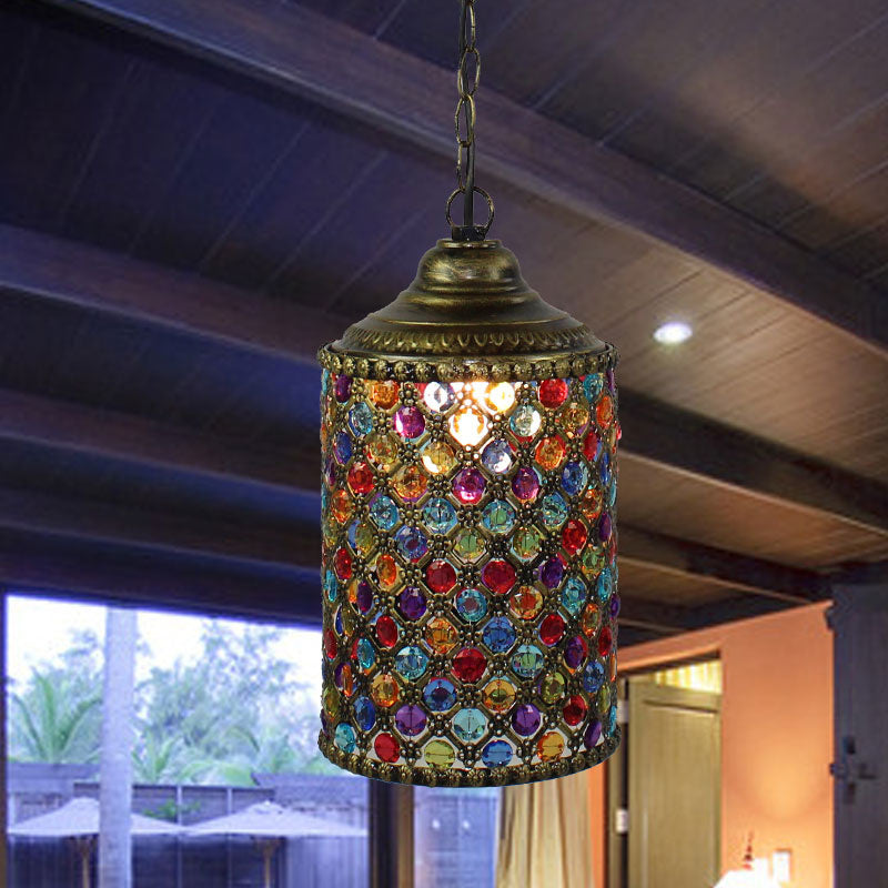 Vintage Cylinder Suspension Pendant Light 1 Light Metal Hanging Lamp in Bronze for Living Room Clearhalo 'Ceiling Lights' 'Pendant Lights' 'Pendants' Lighting' 392678