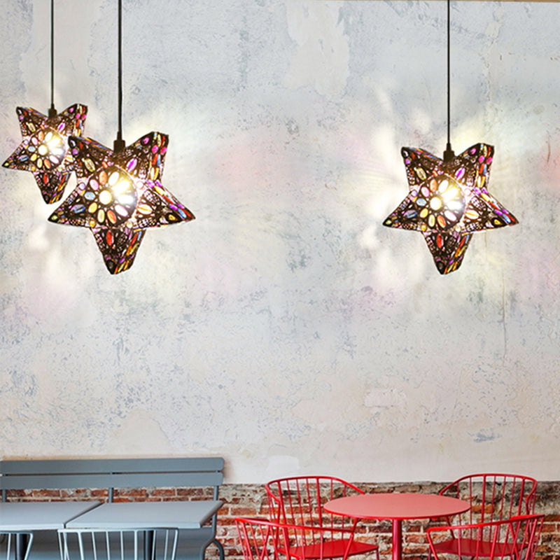 Metal Pentagram Pendant Ceiling Light Art Deco 1 Head Dining Room Drop Lamp in Black/Red/Yellow Clearhalo 'Ceiling Lights' 'Pendant Lights' 'Pendants' Lighting' 392745