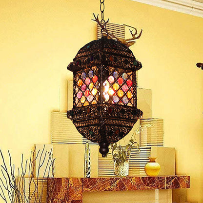 14"/17" Tall 1 Bulb Lantern Pendant Light Bohemian Bronze Metal Suspended Lighting Fixture for Living Room Bronze 14" Clearhalo 'Ceiling Lights' 'Pendant Lights' 'Pendants' Lighting' 392933_cd29e53a-123b-401c-8751-5ddbaac2cae3